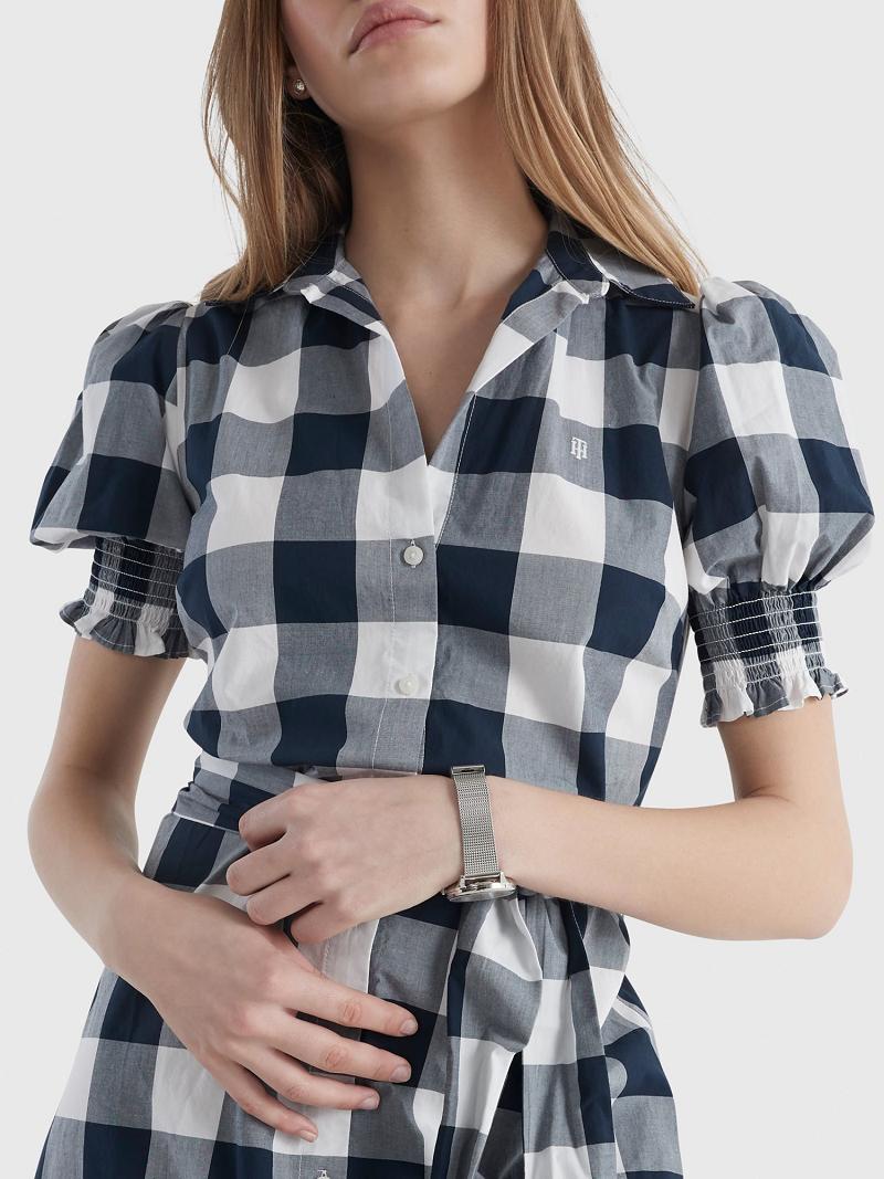 Női Tommy Hilfiger Gingham Print Shirtdress Dresses Kék Fehér | HU 94VRW